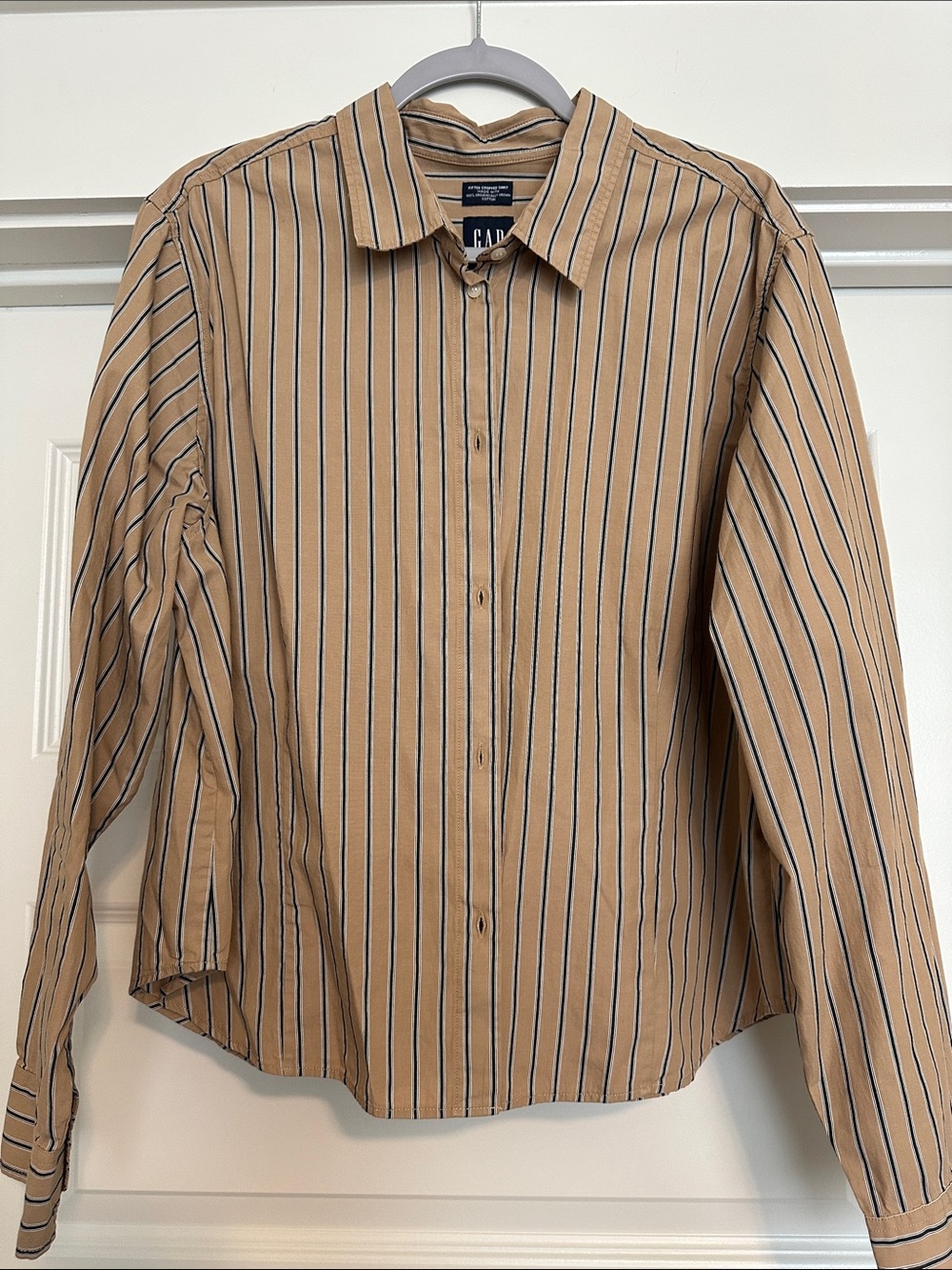GAP Striped Button-Down Shirt in Tan and Navy